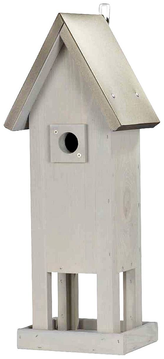 Graues, hohes Vogelhaus mit dreieckigem Dach und einem kreisförmigen Eingang in der Mitte.