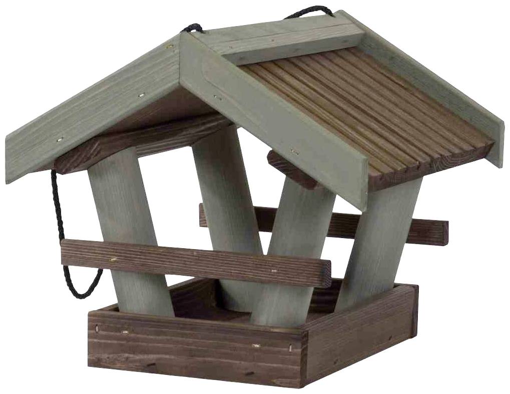 Ein hölzernes Vogelhaus mit zwei geneigten Dächern und einem offenen Zugang für Vögel, geeignet zur Fütterung im Garten.
