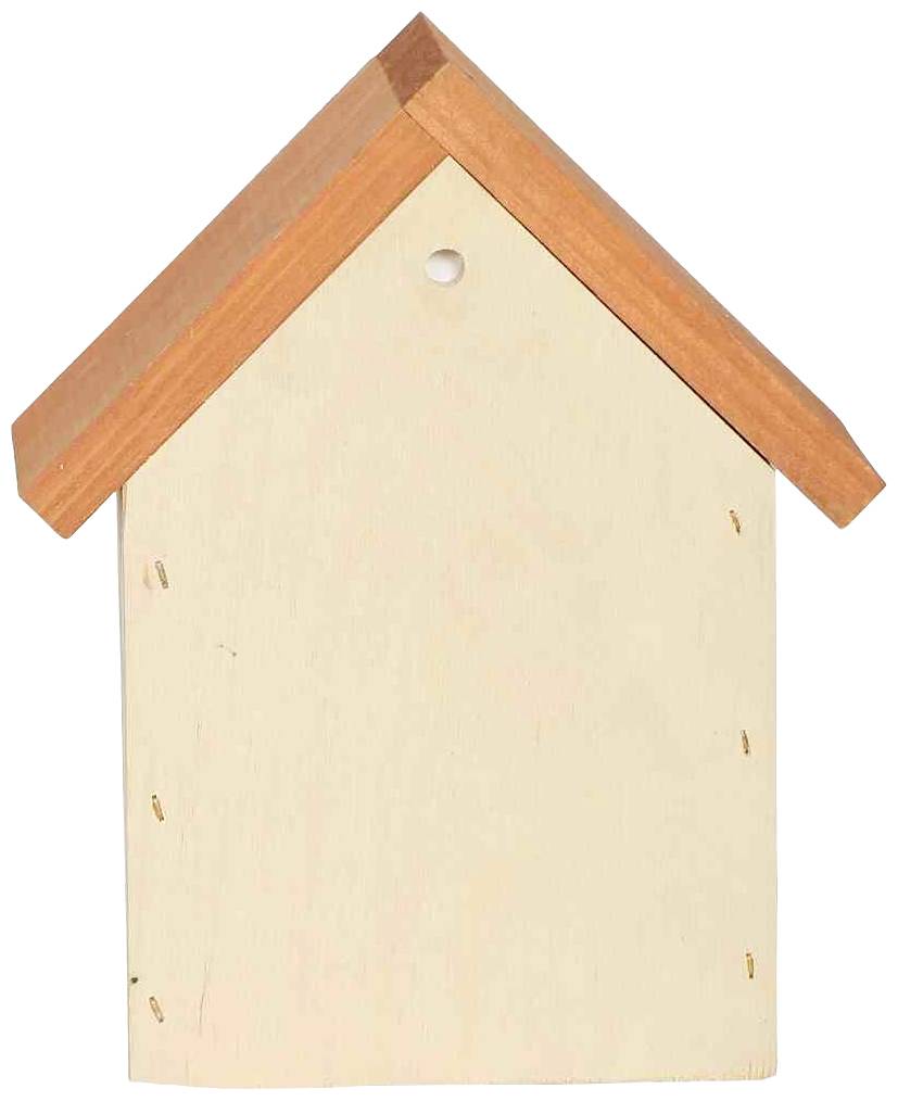 Ein kleines, unbemaltes Holzvogelhaus mit einfachem Spitzdach.