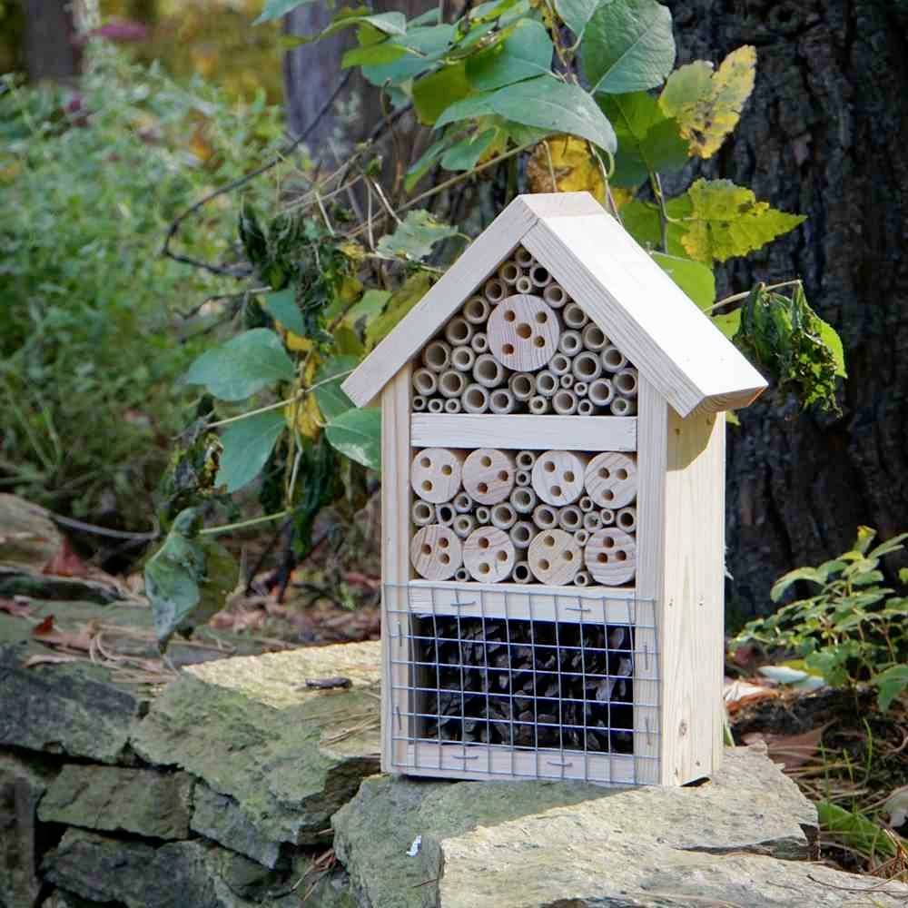 Ein Insektenhotel aus Holz mit verschiedenen Röhren und Fächern steht auf einem Stein, umgeben von grünen Pflanzen und Bäumen im Hintergrund.