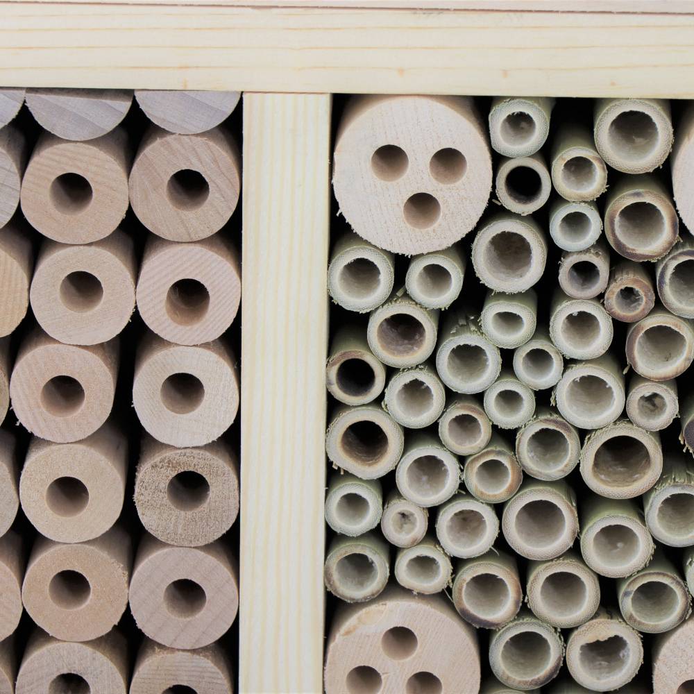 'Bienenhotel' aus Holz: Verschiedene Röhren unterschiedlicher Größe, geordnet in einem Holzrahmen, bieten Insekten Nistmöglichkeiten.