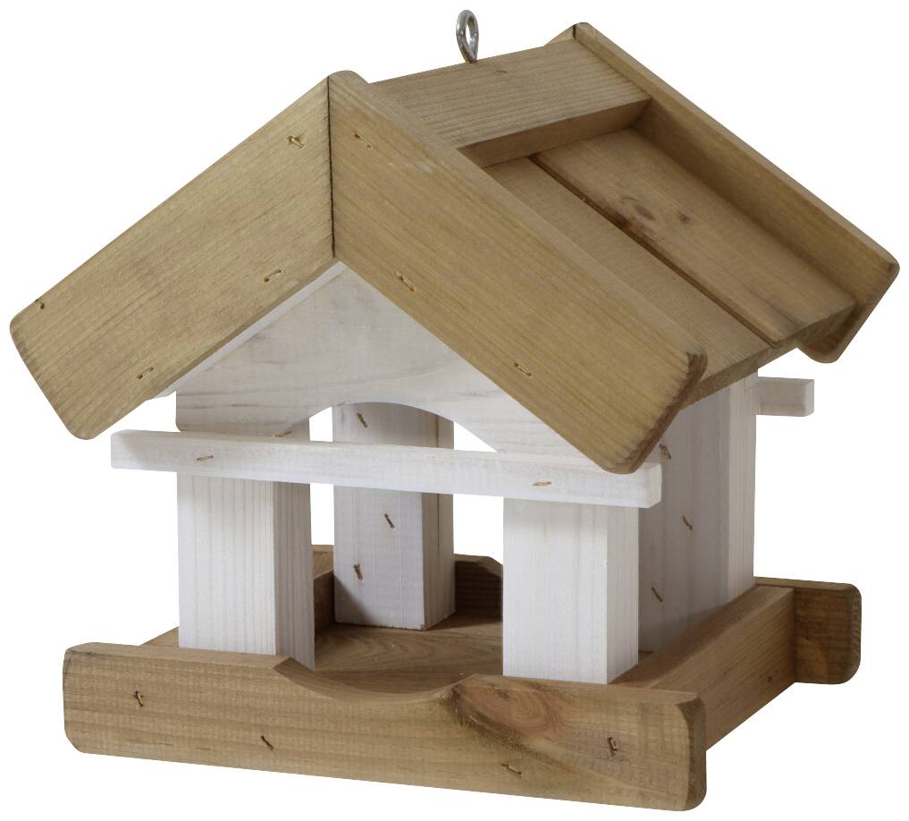 Kleines Vogelhaus aus Holz mit einfachem, rustikalem Design, geeignet zum Aufhängen im Garten.