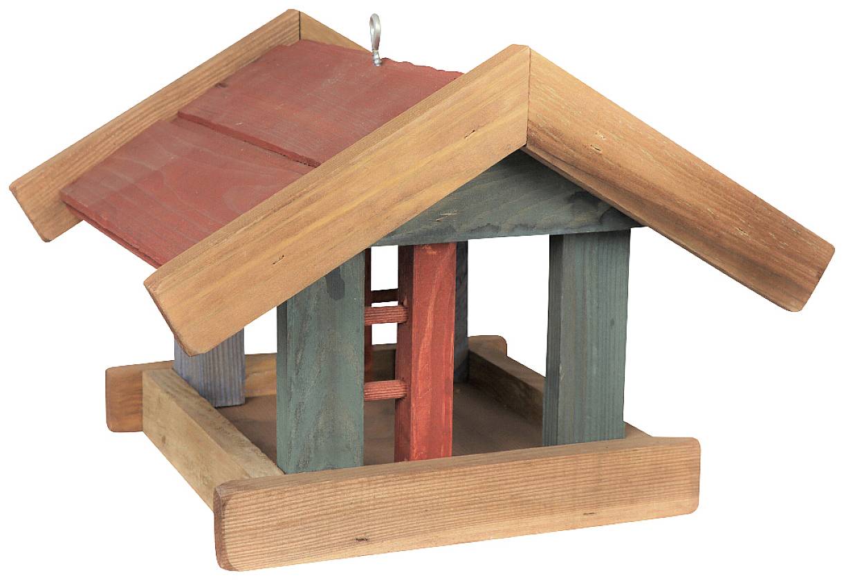Ein einfaches, bunt bemaltes Vogelhaus aus Holz mit einem roten Dach und rechteckigem Grundriss. Ideal für Vögel im Garten.