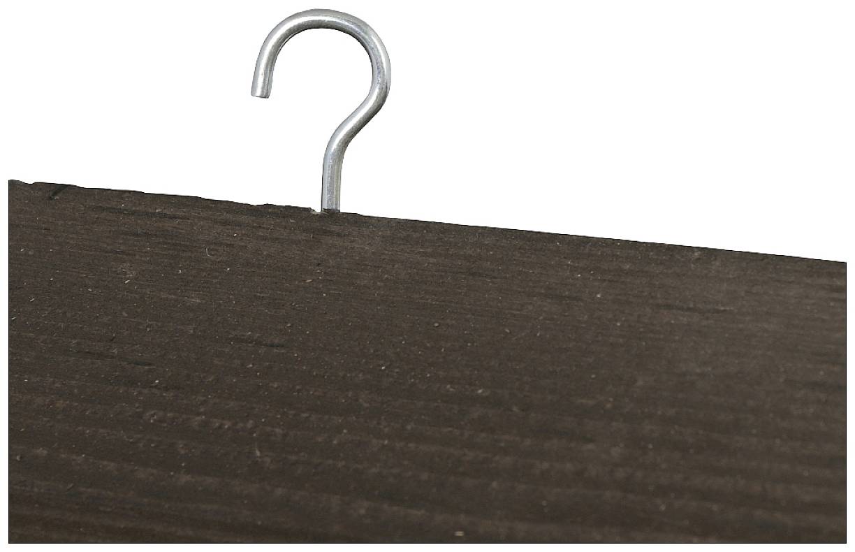 Ein einzelner Metallhaken ist in ein dunkles Holzbrett geschraubt, gegen einen weißen Hintergrund.