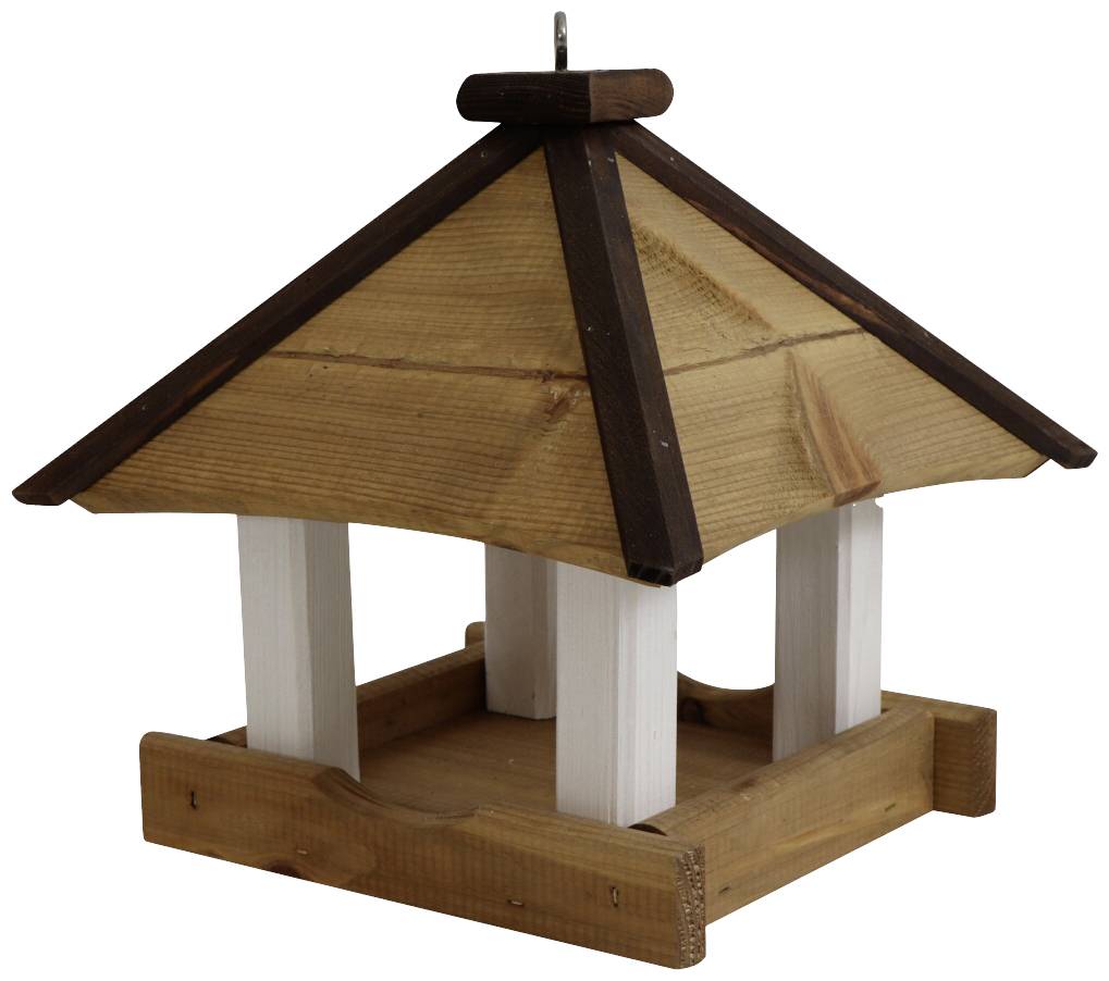 Holz-Vogelhaus mit vier weißen Säulen und einem braunen Dach, aufgehängt zur Dekoration oder Vogelbeobachtung.