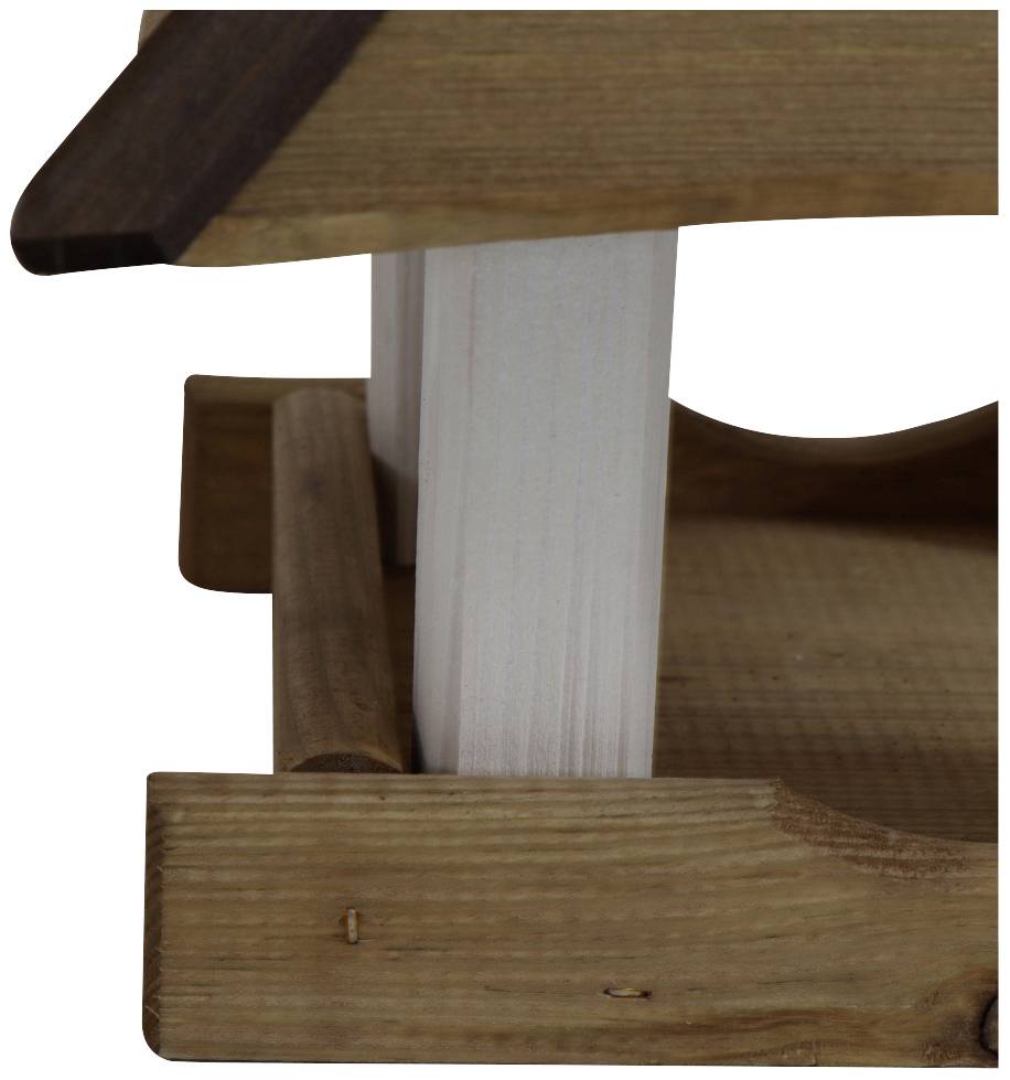 Teil eines Holzvogelhauses mit rechteckiger Basis und hellem Holzpfosten.