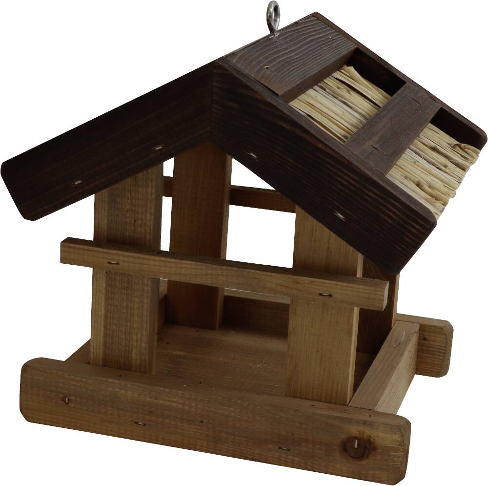 Holz-Vogelhaus mit dunklem Dach und hellerem Boden, ideal zum Aufhängen im Garten, bietet Vögeln Schutz und Futterstelle.