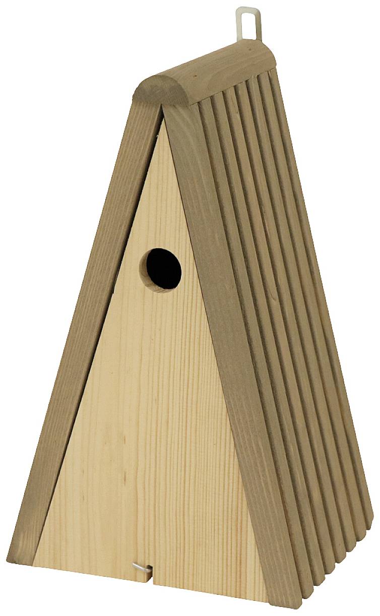 Dreieckiges Vogelhaus aus Holz mit einem runden Einflugloch auf der Vorderseite und einem Haken zum Aufhängen oben.