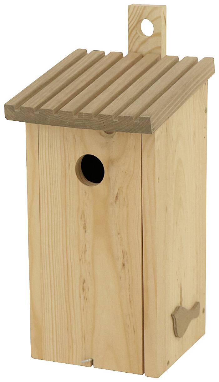 Holz-Vogelhaus mit schrägem Dach und einem Eingang für Vögel an der Vorderseite.