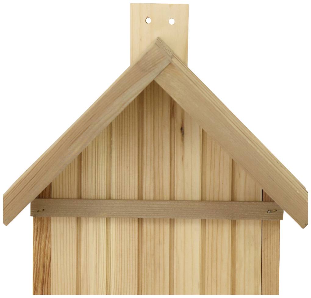 Holzvogelhaus mit Satteldach und zwei Befestigungslöchern oben; geeignet für den Außenbereich zur Unterbringung von Vögeln.