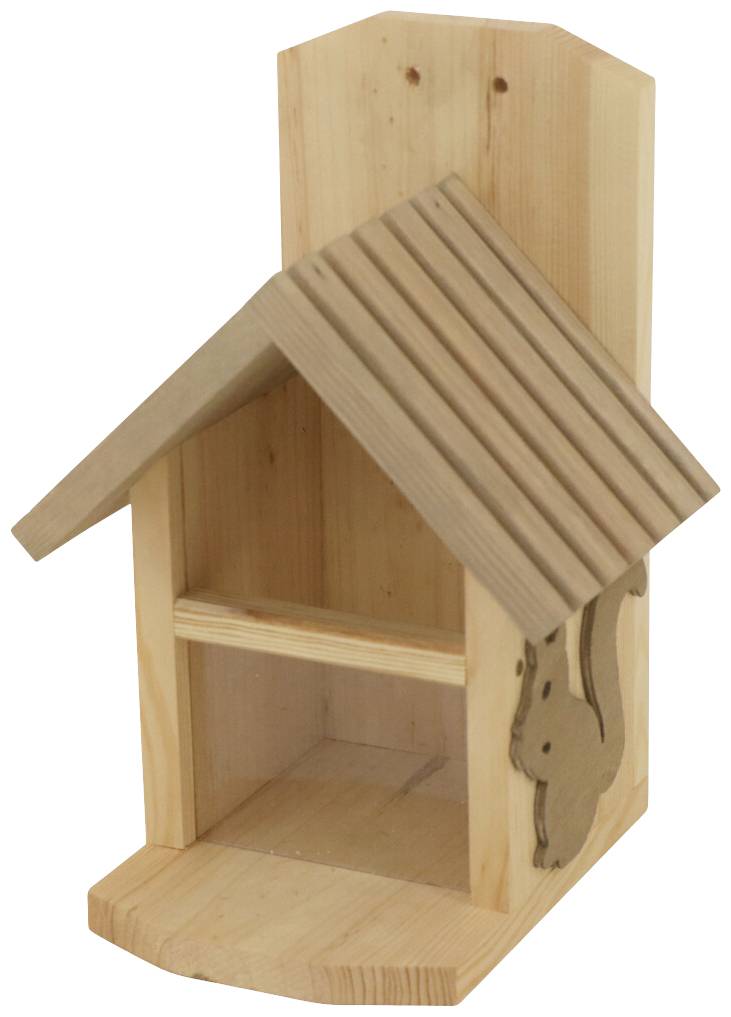 Holz-Vogelfutterhaus mit steilem Dach und kleinem Eichhörnchen-Ornament seitlich. Ideal zur Fütterung und Dekoration im Garten.