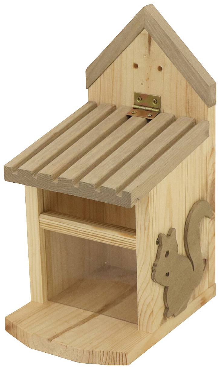 Ein hölzernes Eichhörnchenhaus mit geneigtem Dach und Frontausschnitt eines Eichhörnchens, zur Fütterung oder Behausung kleiner Tiere.