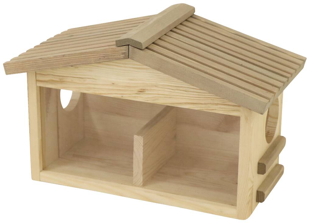 Holz-Vogelhaus mit geneigtem Dach und offenen Seiten, in der Mitte durch eine Trennwand geteilt.