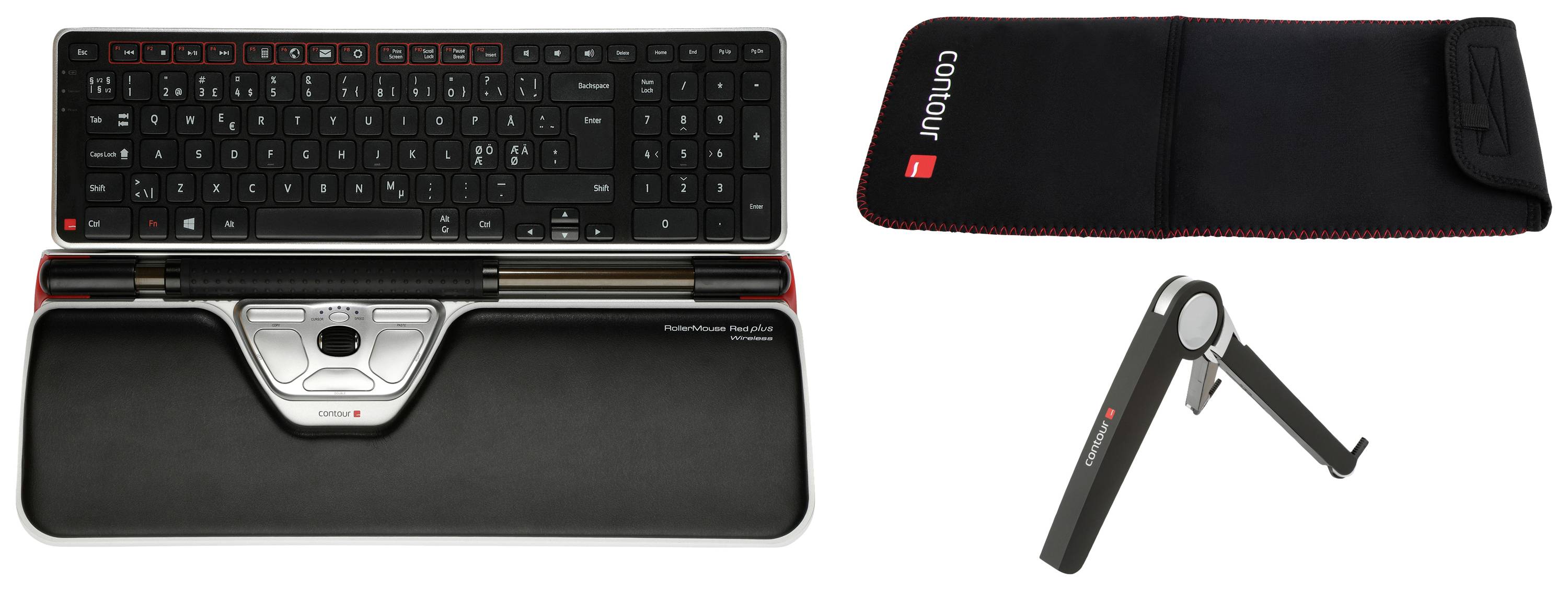 Contour Design RollerMouse Red Plus DE Travel Bluetooth® Tastatur, Maus-Set Ergonomisch, Handballenauflage Deutsch, QWERTZ Schwarz, Silber