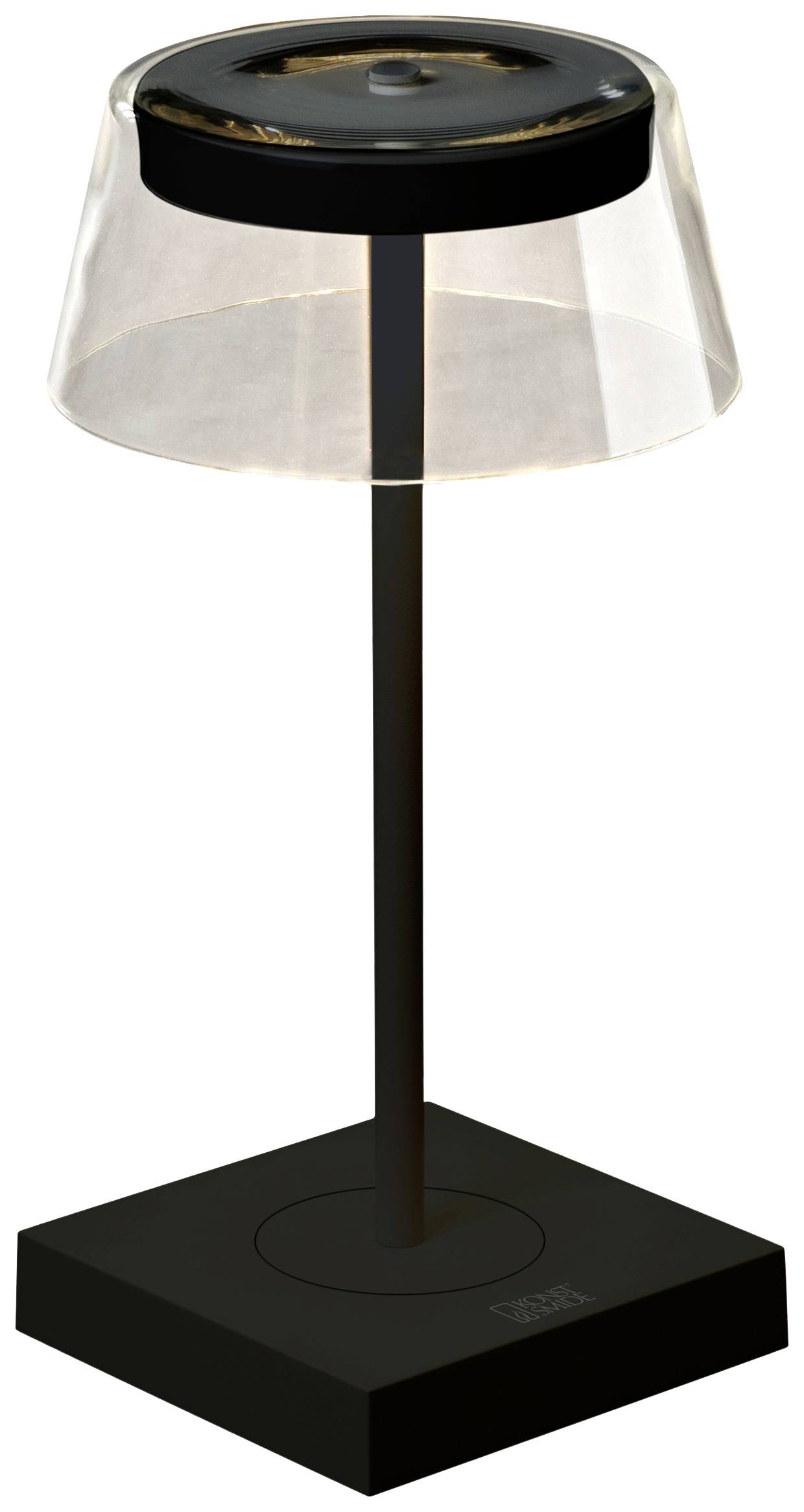 Moderne, schwarze Tischlampe mit transparentem Schirm und quadratischem Sockel, stehend auf einer glatten Oberfläche.