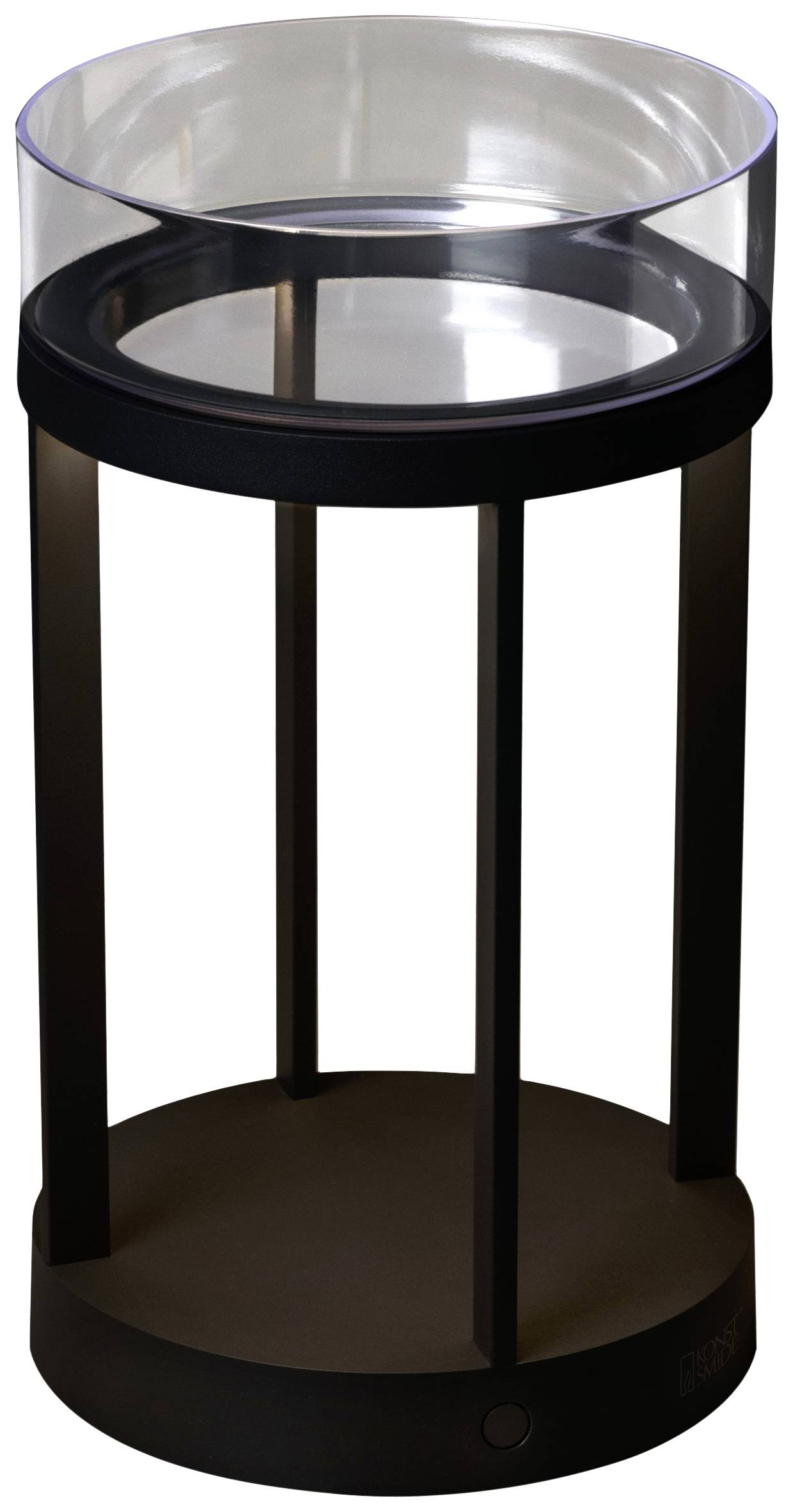 Ein runder, moderner Beistelltisch mit Glasplatte. Der Tisch hat dunkle Metallstangen und eine stabile Basis.