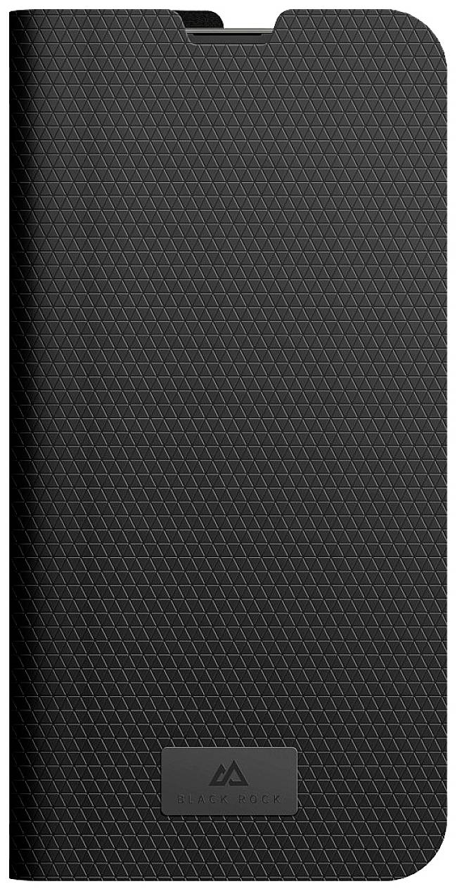 Schwarzes Smartphone-Flipcase mit geometrischem Muster und dezentem Markenlogo unten.
