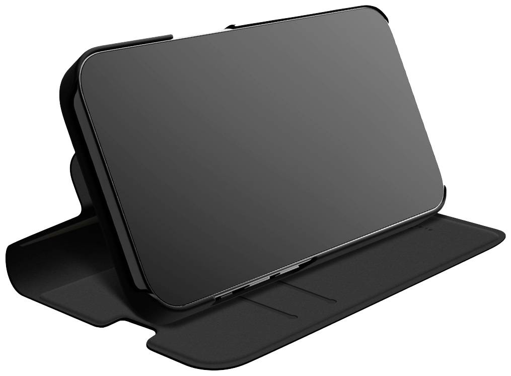 Schwarzes Smartphone in einer aufklappbaren Schutzhülle, horizontal aufgestellt.