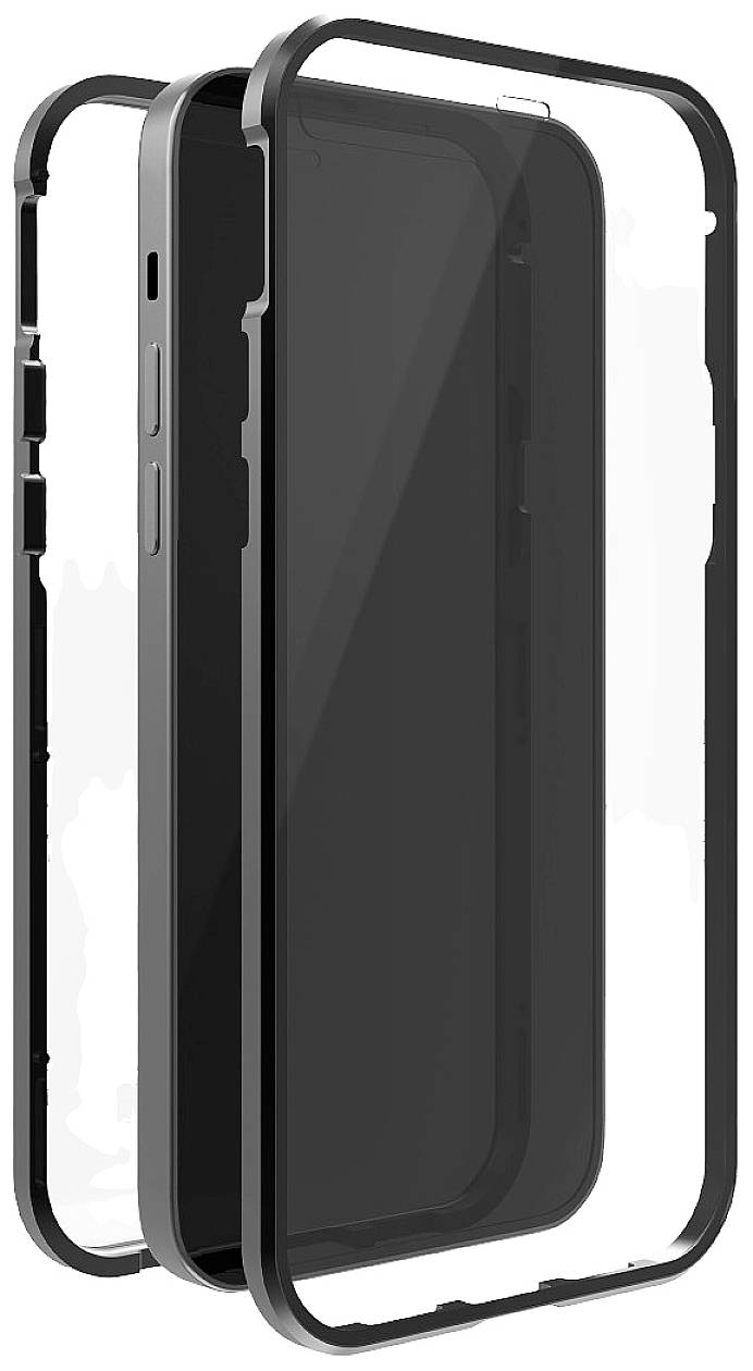 Schwarzes Smartphone-Hülle mit transparenter Rückseite, bestehend aus zwei Teilen. Bietet Rundumschutz für das Gerät.