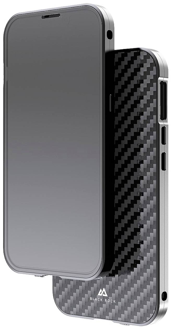 Ein Smartphone mit einer schwarzen, glänzenden Rückseite aus Karbonfaser, teilweise geöffnet und vertikal angezeigt.