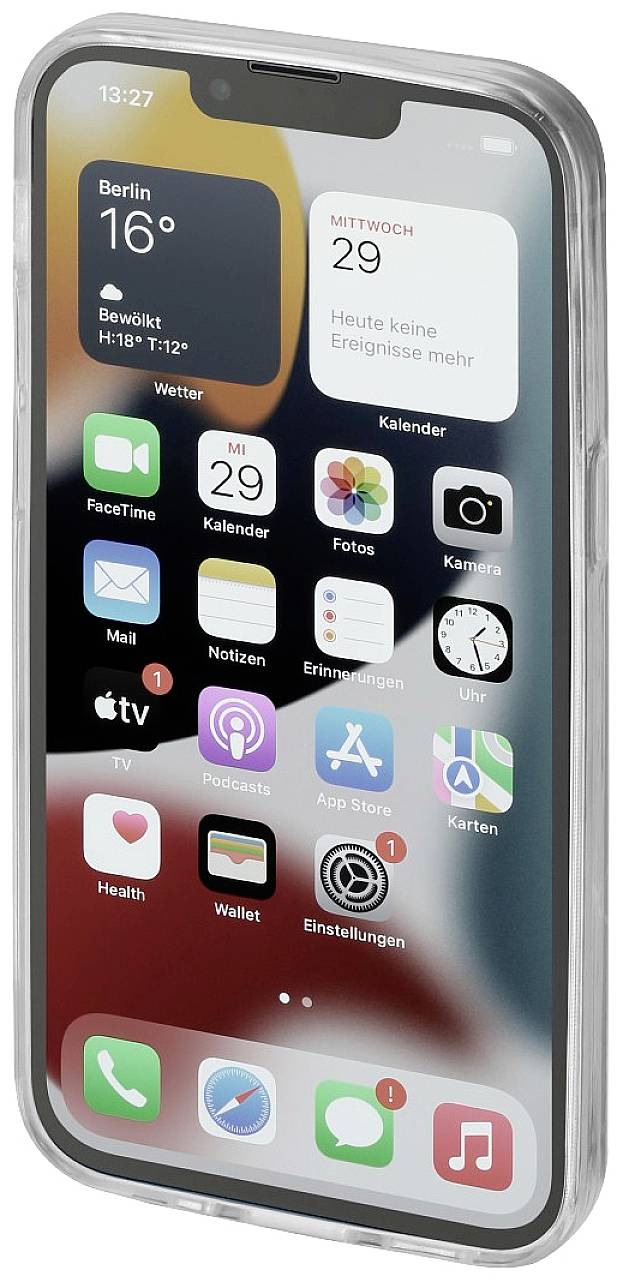 Smartphone mit angezeigtem Bildschirm: Datum und Wetter oben, App-Symbole unten. Apps beinhalten Nachrichten, Kalender und Einstellungen.