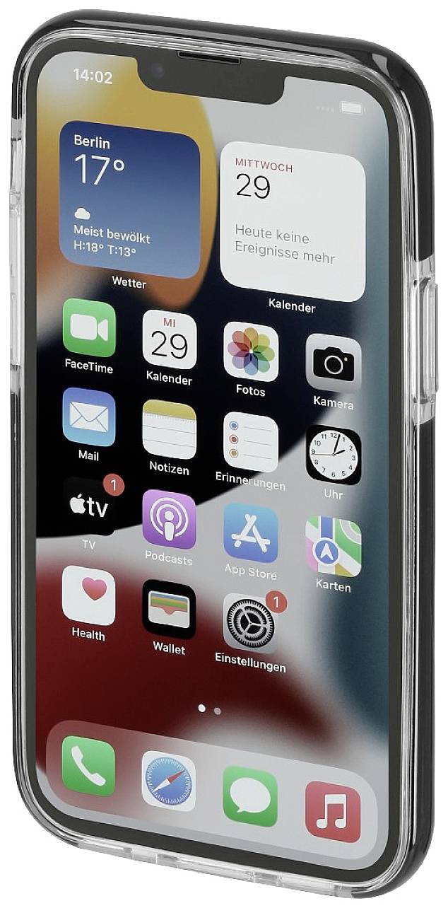 Smartphone mit schwarzem Gehäuse zeigt Startbildschirm mit Wetter-App '17°C, Berlin', Kalender 'Mittwoch, 29', und verschiedenen App-Icons.