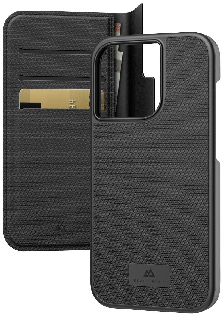 Smartphonehülle mit Kartenfächern, schwarzes Design, zeigt eine goldene Karte in einem Fach.