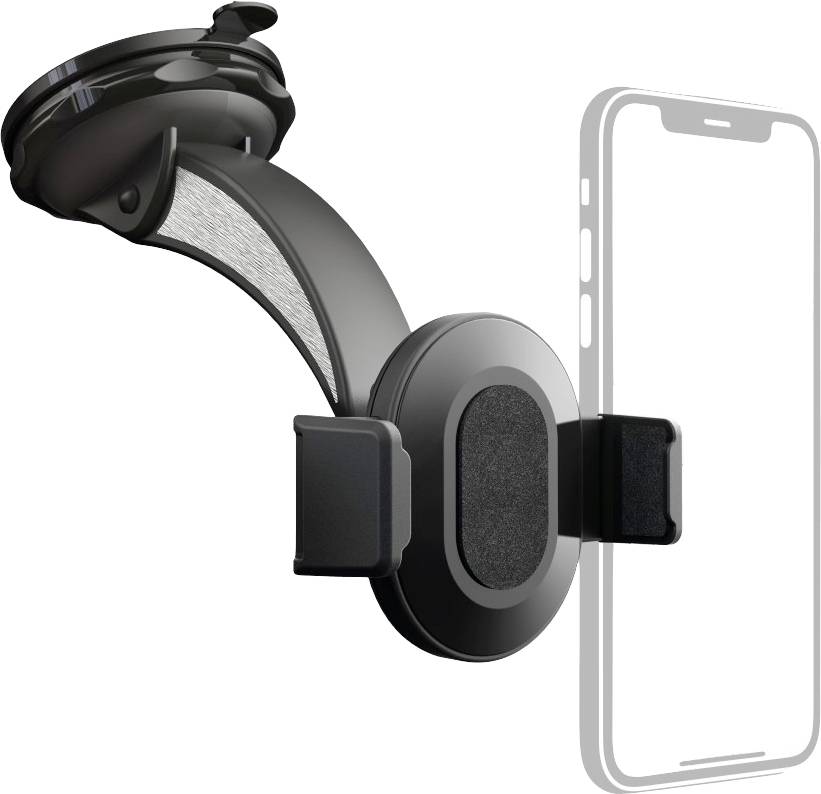 Smartphone-Halterung für das Auto mit einem Saugnapf zur Befestigung an der Windschutzscheibe, neben einer skizzierten Handyform.