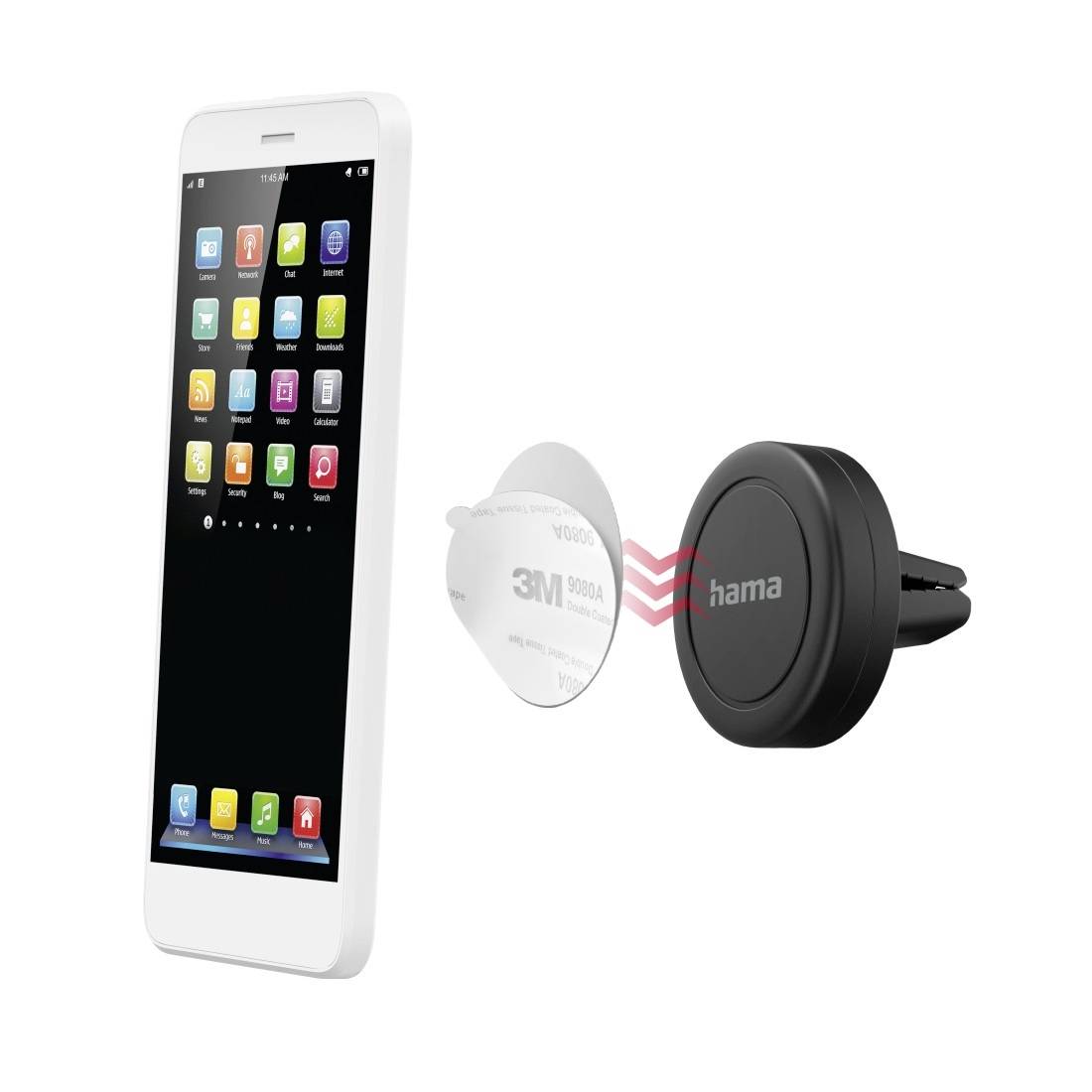 Smartphone-Halterung mit magnetischer Befestigung zeigt Handy und Adapter. Geeignet zum Anbringen eines Telefons im Auto.