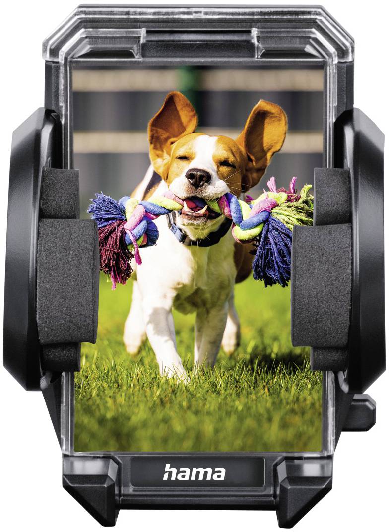 Hund mit buntem Spielzeug im Maul rennt über Rasen, befestigt in einer Smartphone-Halterung.