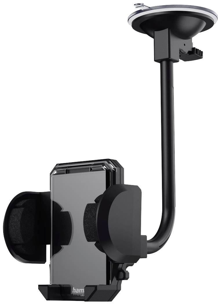 Schwarze Autohalterung mit Saugnapf und verstellbarer Halterung für Smartphones, geeignet für die Befestigung an Windschutzscheiben.