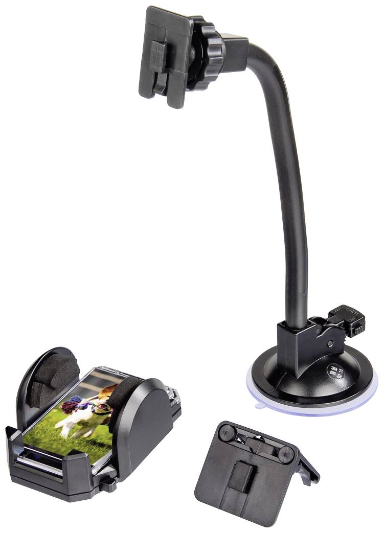Smartphone-Halterung mit flexiblem Arm und Saugnapf, enthält austauschbare Klemmen für unterschiedlichen Gerätehalt.