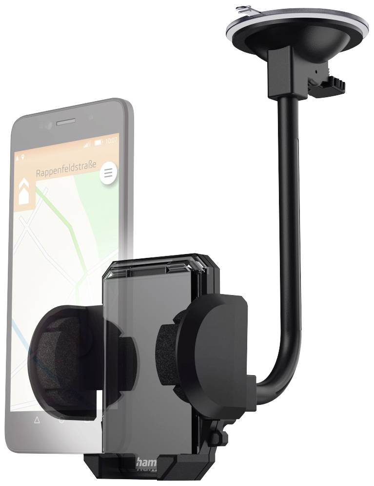 Smartphone-Halterung mit Saugnapf und flexiblem Arm. Ein Handy mit Navigations-App ist befestigt, zeigt eine Straßenkarte.