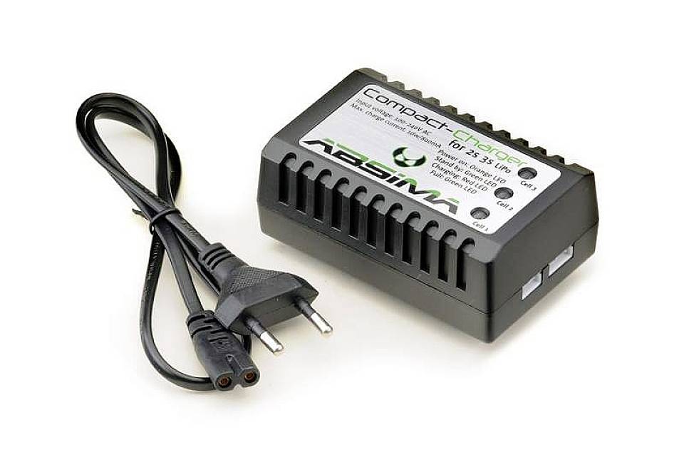 Ladegerät mit Kabel, geeignet für 2-3s LiPo-Akkus. Produkt von Absima, kompakt und schwarz mit grünem Logo auf der Oberseite.