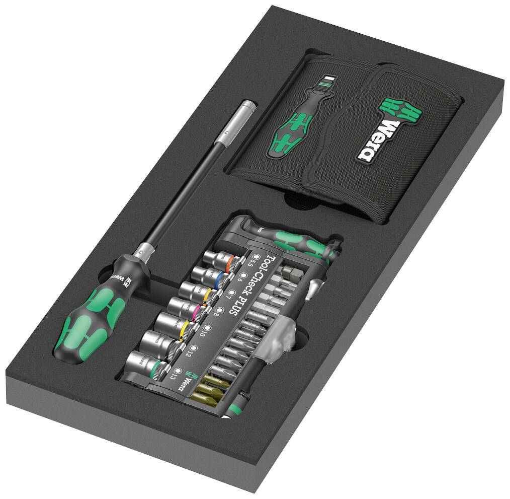 Werkzeugset mit grün-schwarzem Schraubendreher, Bits in verschiedenen Größen und einer schwarzen Tasche im Schaumstoffeinleger.