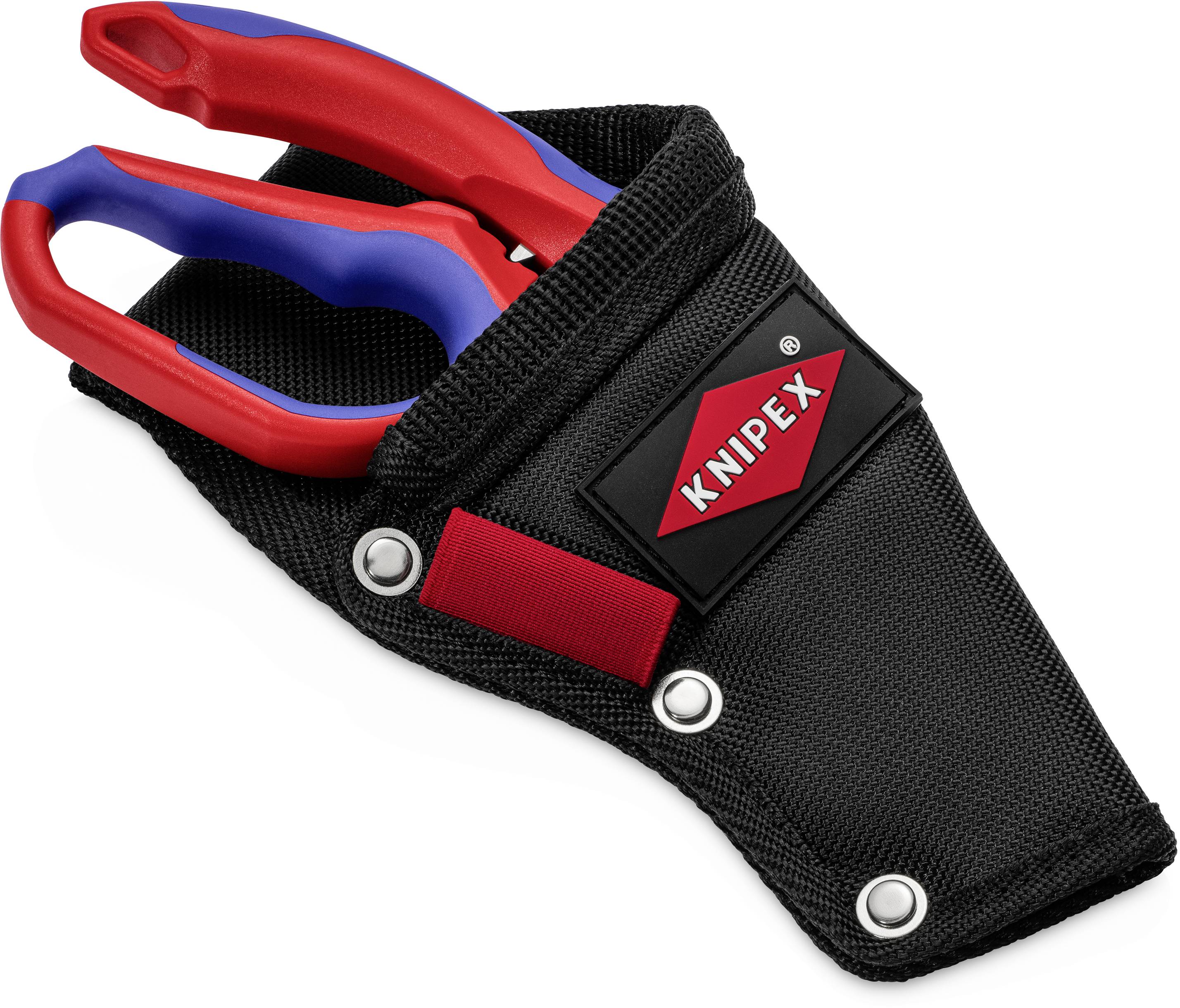 Ein rotes und blaues Werkzeug liegt in einer schwarzen Werkzeugtasche mit dem Logo 'Knipex'.