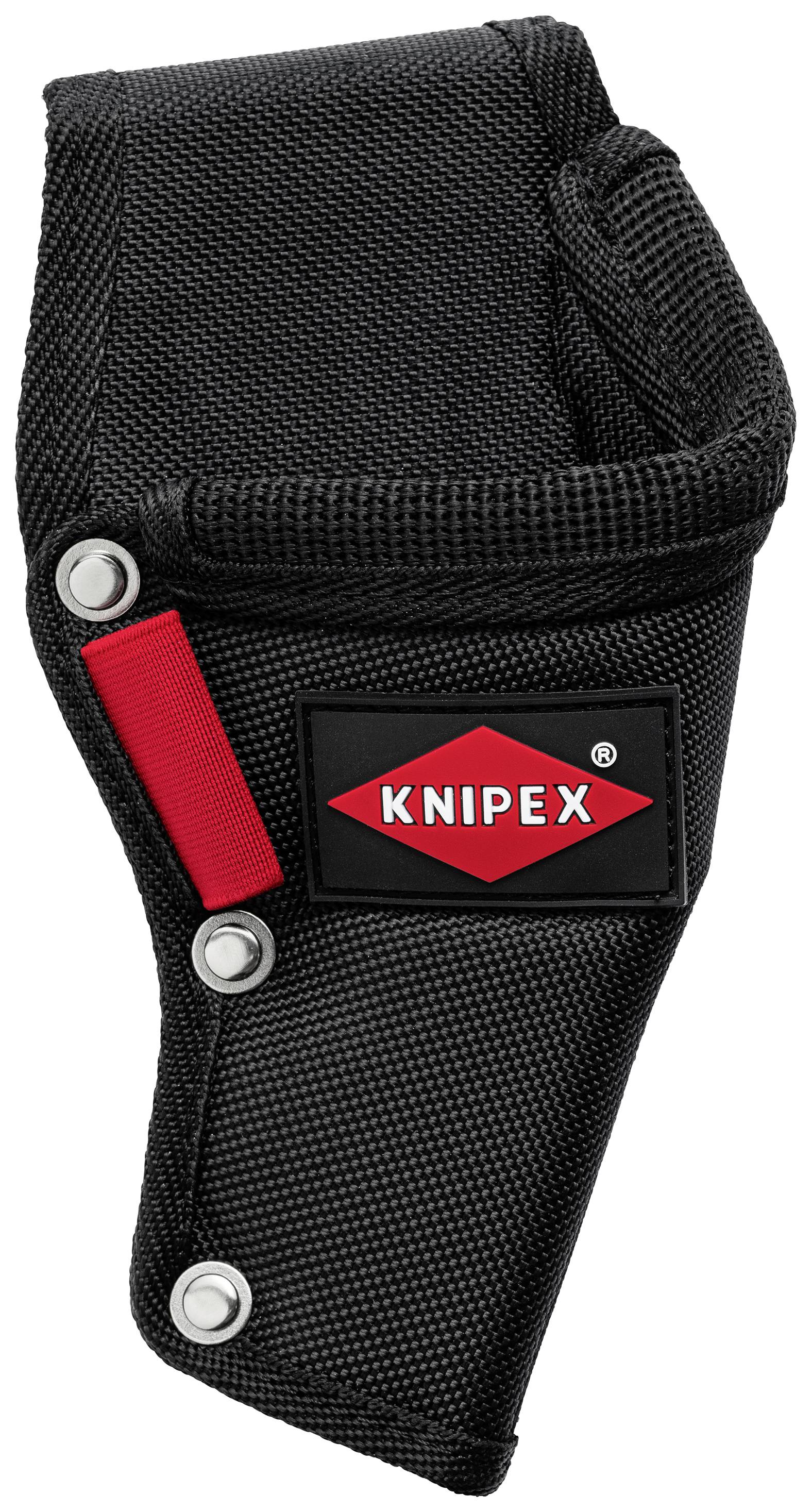 Schwarze KNIPEX-Gürteltasche mit roten Details und Druckknöpfen zur Aufbewahrung von Werkzeugen.