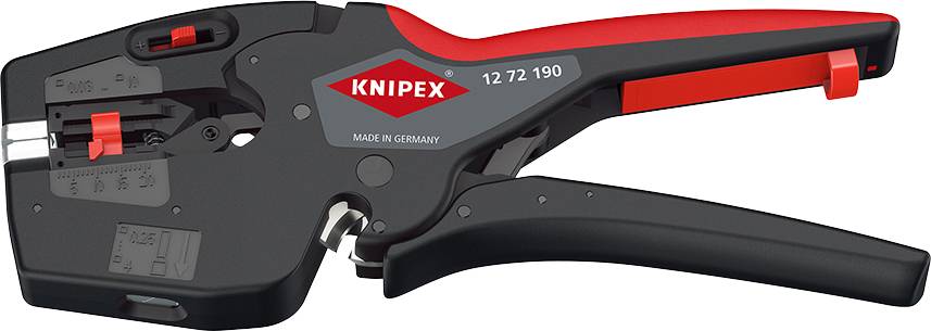 Abisolierzange der Marke Knipex, Modell 12 72 190, in Schwarz und Rot, gefertigt in Deutschland. Geeignet für Kabelarbeiten.