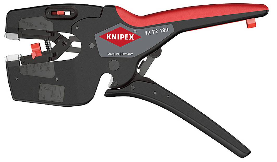 Eine schwarze und rote Abisolierzange mit der Aufschrift 'Knipex, Made in Germany', die zum Entfernen von Isolierung an Kabeln verwendet wird.