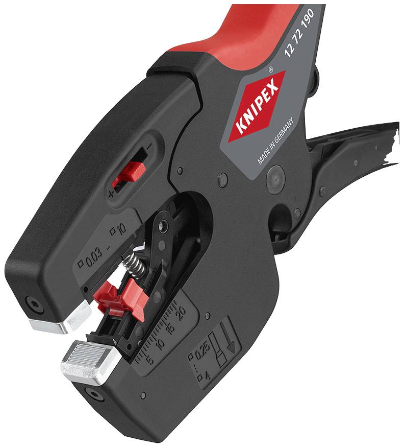 Draufsicht auf eine rote und schwarze Crimpzange mit KNIPEX-Logo, verwendet zum Abisolieren und Crimpen von Kabeln, mit Justierrad.