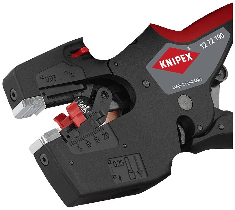 Abisolierzange in Nahaufnahme, schwarz-rot, mit Aufschrift 'Knipex'. Geeignet zum präzisen Abisolieren von Kabeln mit unterschiedlichen Durchmessern.