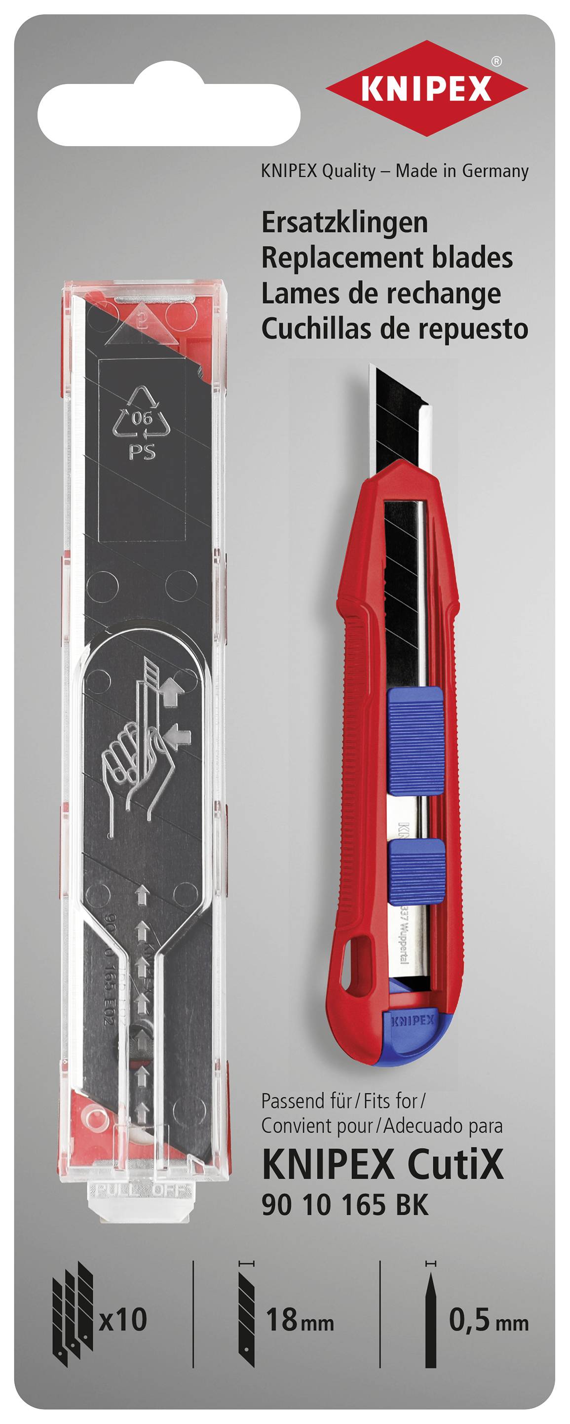 Verpackung mit rotem Knipex Cuttermesser und Ersatzklingen. Beschriftungen auf Englisch, Deutsch, Französisch und Spanisch zur Verwendung.
