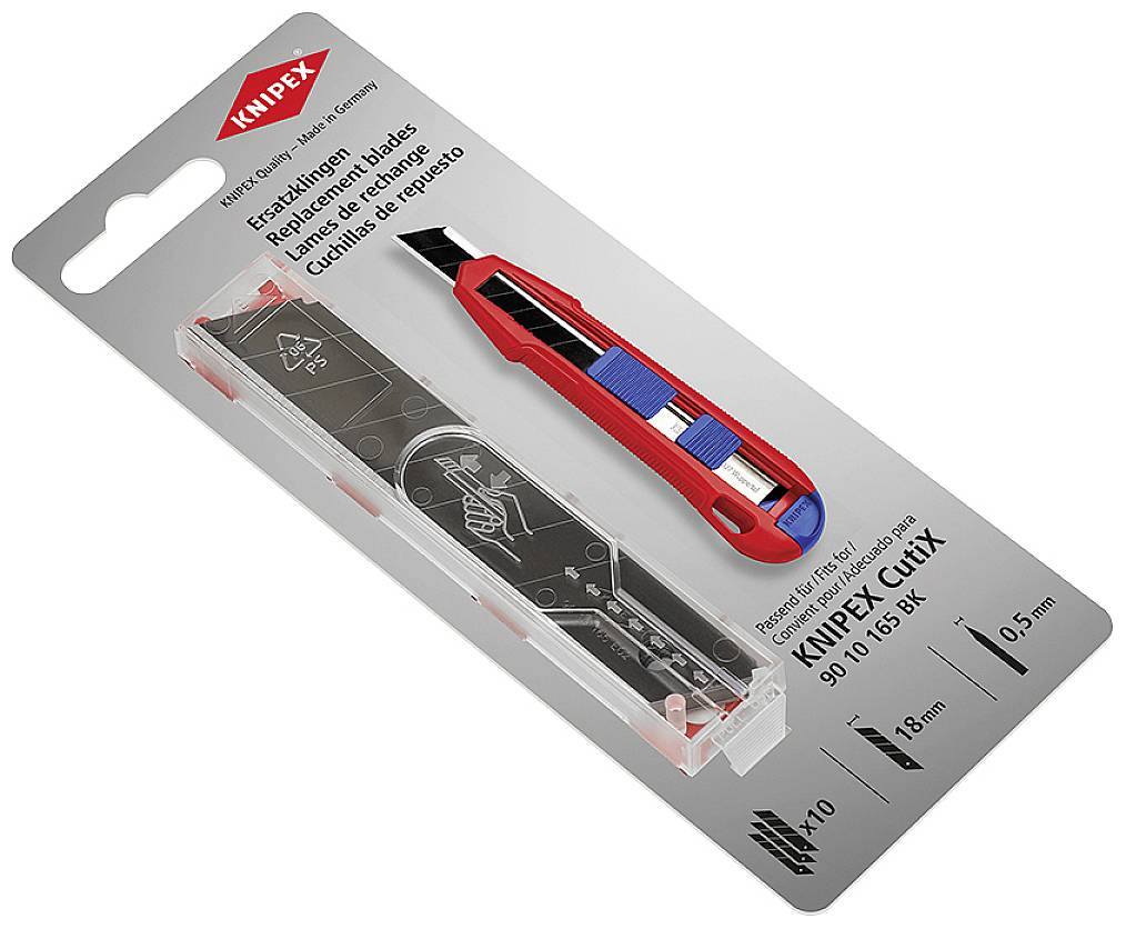 Verpackung eines KNIPEX Cutix mit rotem Cutter und Ersatzklingen. Texte auf Deutsch, Englisch, Französisch und Spanisch. Enthält 10 Ersatzklingen.