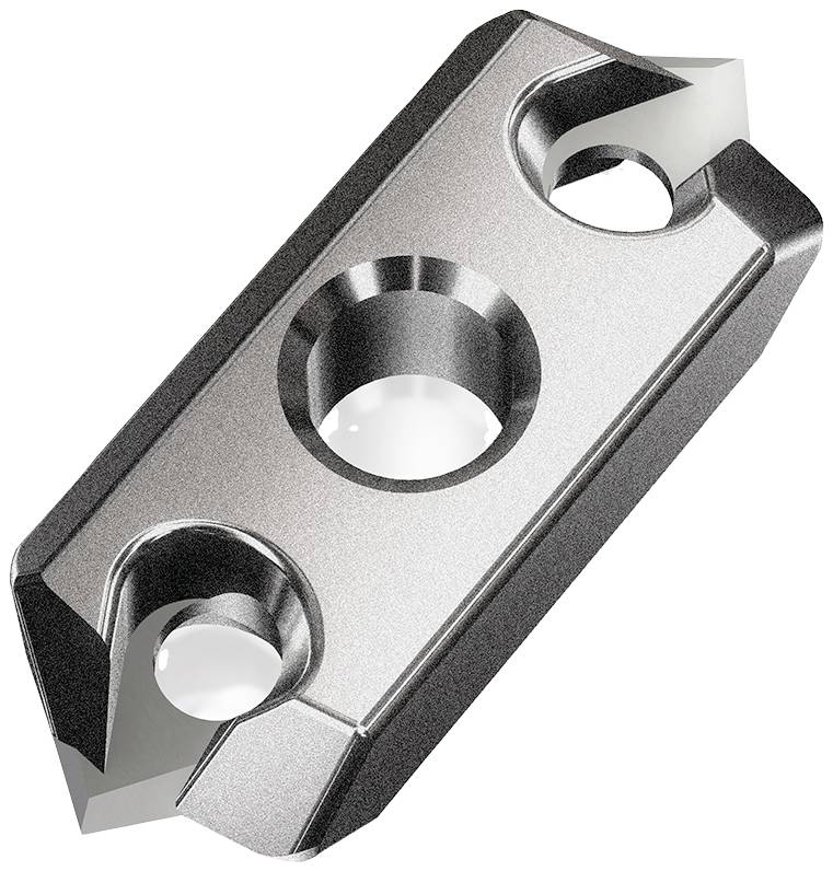 Eine metallische Werkzeugschneidplatte mit zwei geschliffenen Kanten und zentralen Befestigungslöchern.