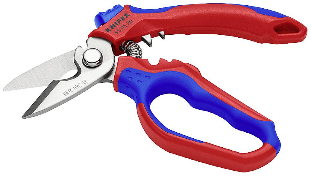 Rote und blaue Mehrzweckschere mit ergonomischem Griff und Sicherheitsverschluss. Geeignet für Gartenarbeiten und präzises Schneiden.