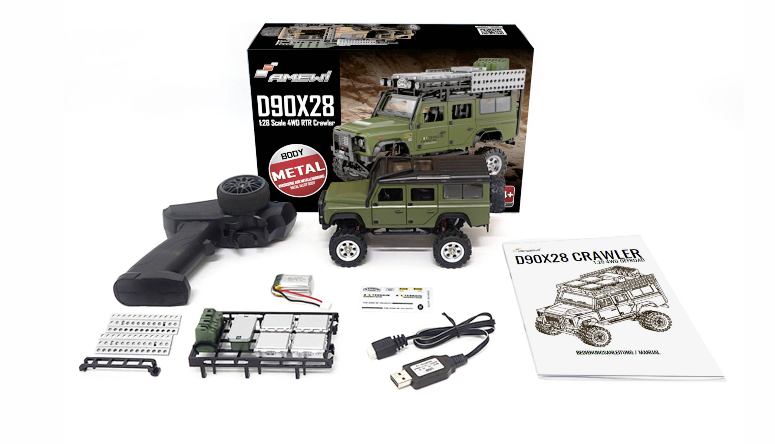Amewi D90X28 Metall Scale Brushed 1:28 RC Modellauto Elektro Crawler Allradantrieb (4WD) RtR 2,4 GH