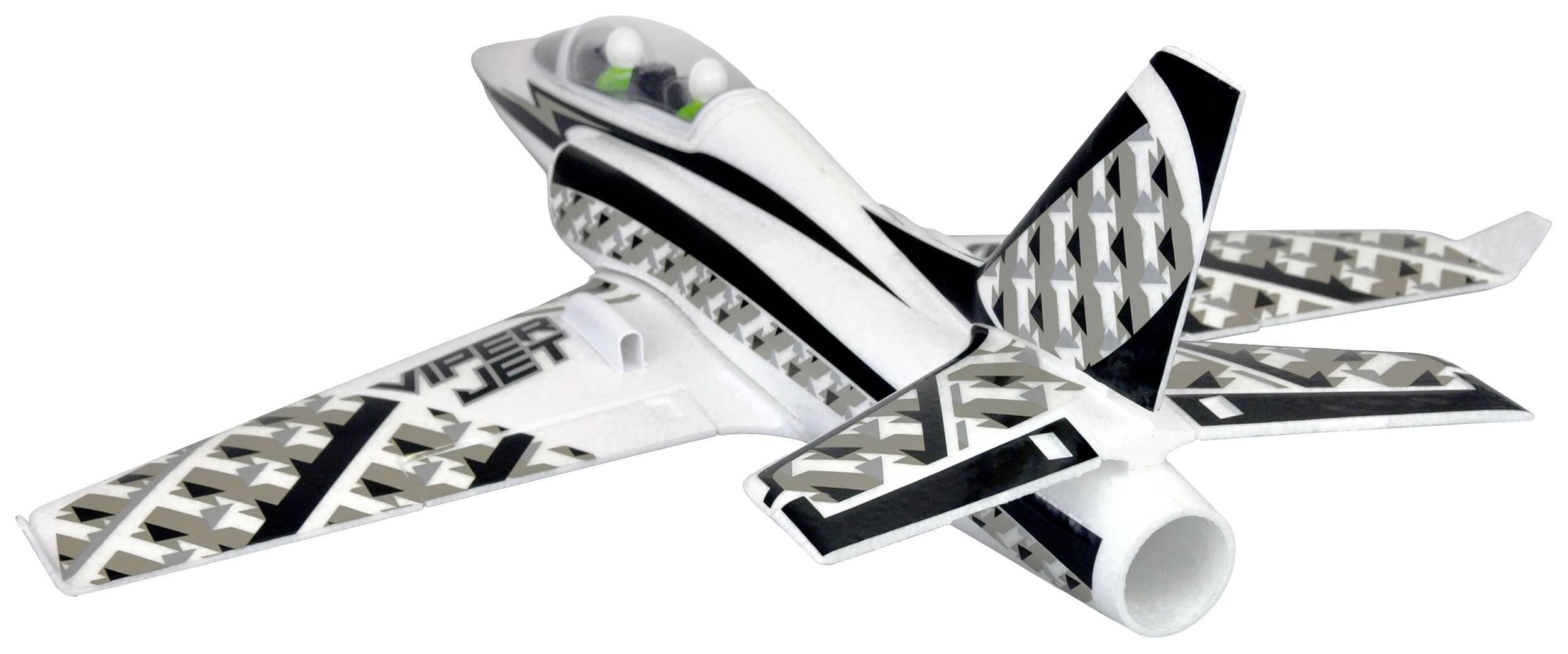 Spielzeugflugzeug mit der Aufschrift 'Viper Jet' auf dem Flügel. Design in Schwarz-Weiß mit geometrischen Mustern, Flügel und Leitwerk gut sichtbar.