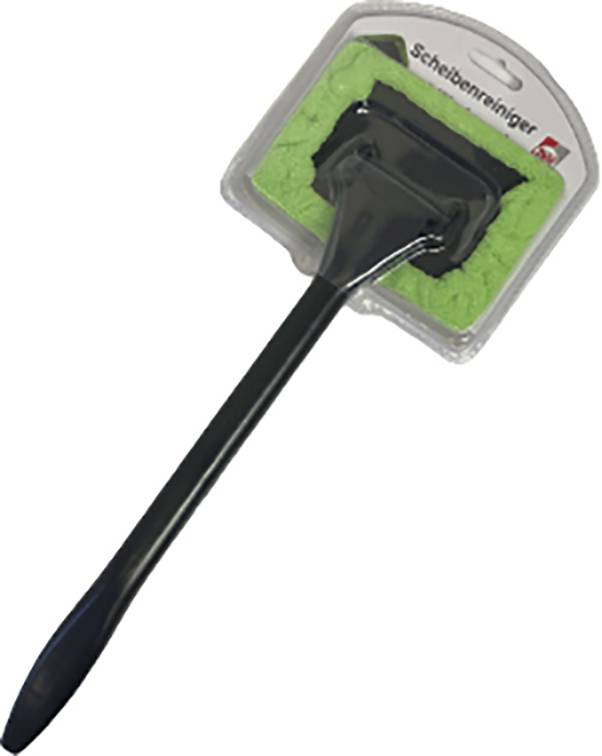 Scheibenreiniger mit schwarzem Griff und grünem Reinigungspad, in Plastikverpackung.