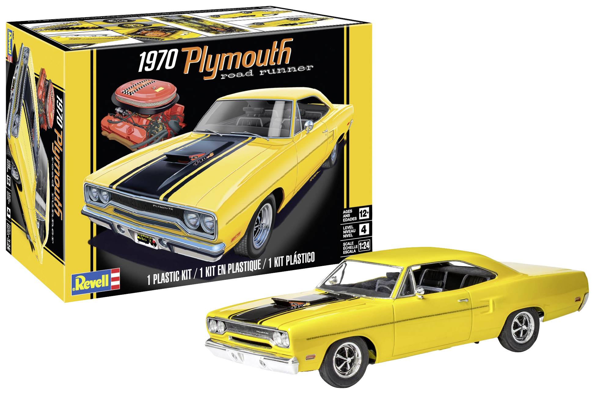 Modellauto des 1970 Plymouth Road Runner in Gelb mit schwarzer Motorhaube. Verpackung zeigt das gleiche Auto und einen Motor.