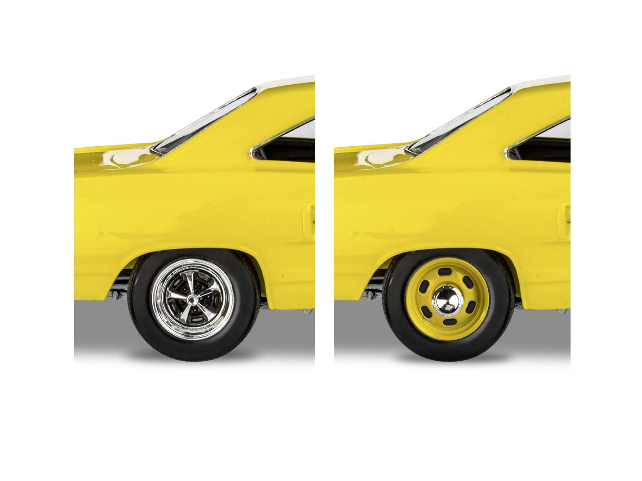 Vorderansicht eines gelben Autos, das links mit sportlichen Felgen und rechts mit einfachen Felgen ausgestattet ist, auf grauem Hintergrund.